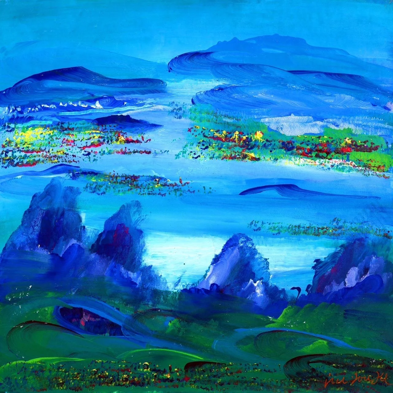 Abstract landscape painting featuring blue mountains, green fields, and colorful trees in the foreground.