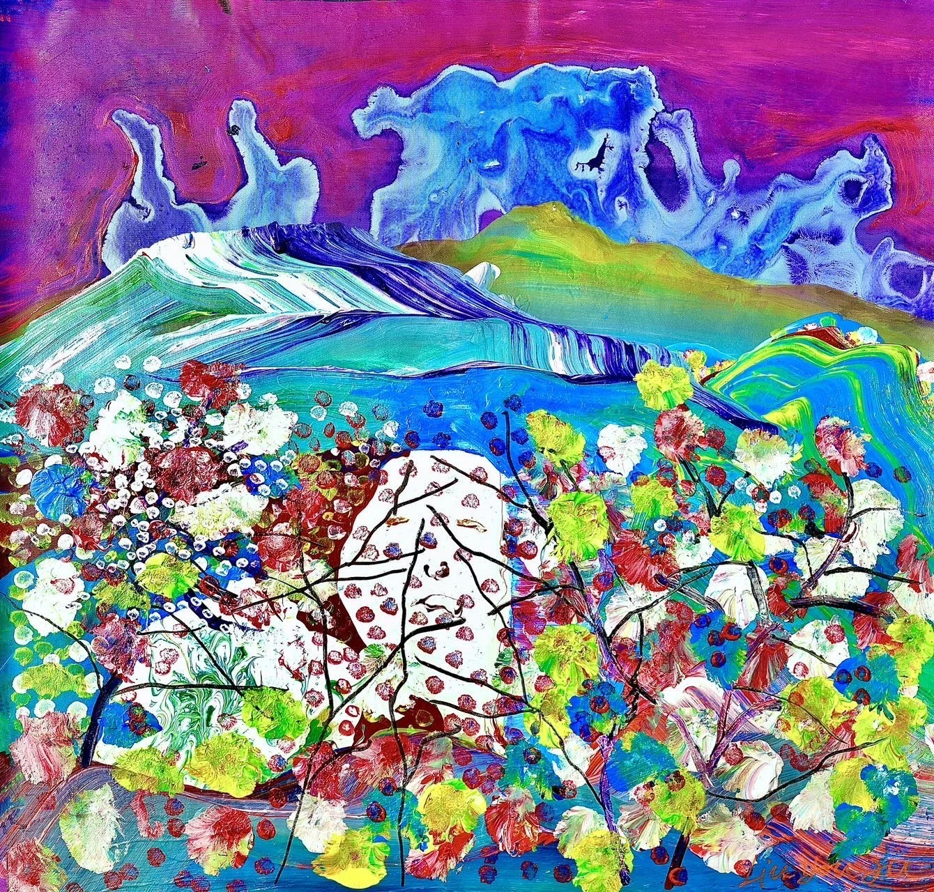 Vivid abstract painting of a colorful landscape with mountains, trees, and a bright pink sky.