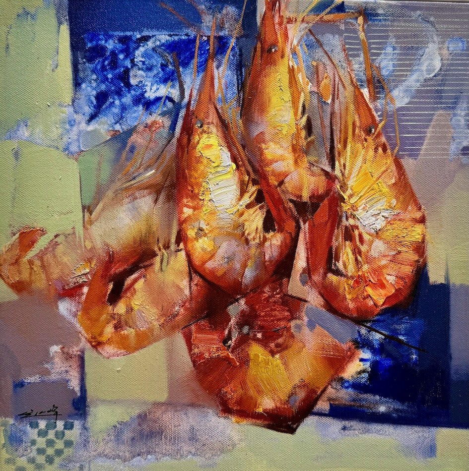 A still life painting of three large orange and yellow shrimp on a surface, with an abstract background of blue and green hues.