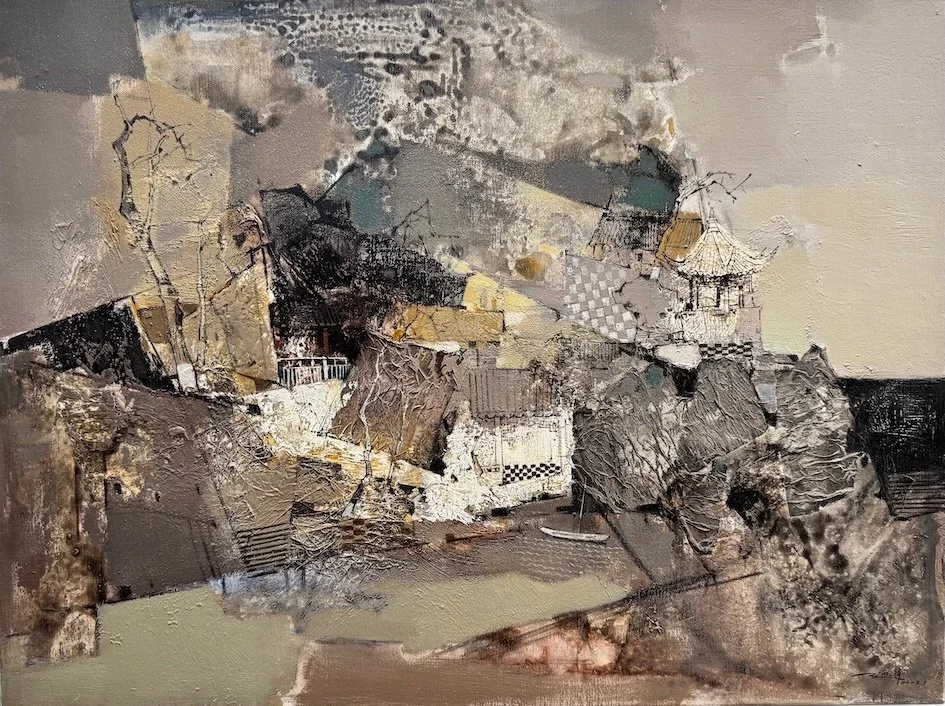 Abstract mixed media artwork depicting a layered landscape scene with rocks, structures, and textures in earthy tones.