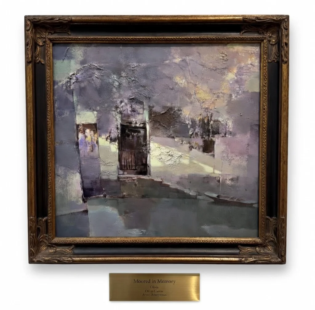 An abstract impressionist painting titled 'Moored in Memory' by Olivia out of Cama, depicting a scene with a street or alleyway with a dark door and trees. The painting features textured, layered brushstrokes in shades of gray, purple, yellow, and white. It is framed in an ornate, dark wooden frame. A brass plaque below the frame displays the title and artist information.
