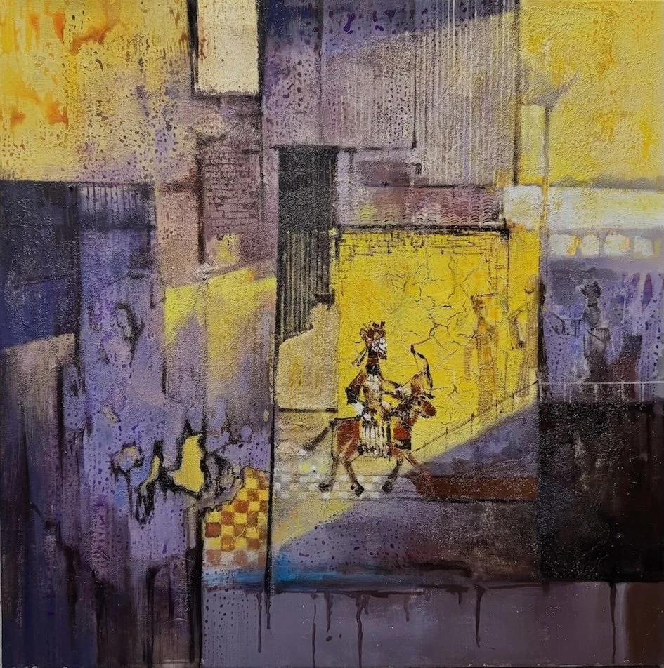 Abstract painting featuring a knight on horseback, with vibrant yellow, purple, and dark hues, and textured brushstrokes.
