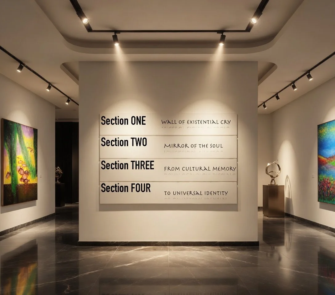 Gallery wall with four sections and corresponding descriptions, flanked by colorful paintings, with a sculpture on a pedestal in the corner.
