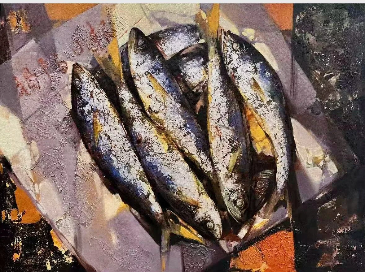 Four fish lying on a textured surface with abstract background.