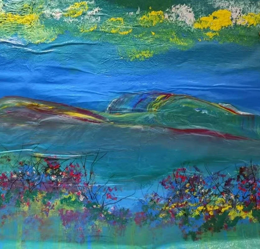 Abstract painting of a landscape with blue water, green hills, and colorful flowers in the foreground.