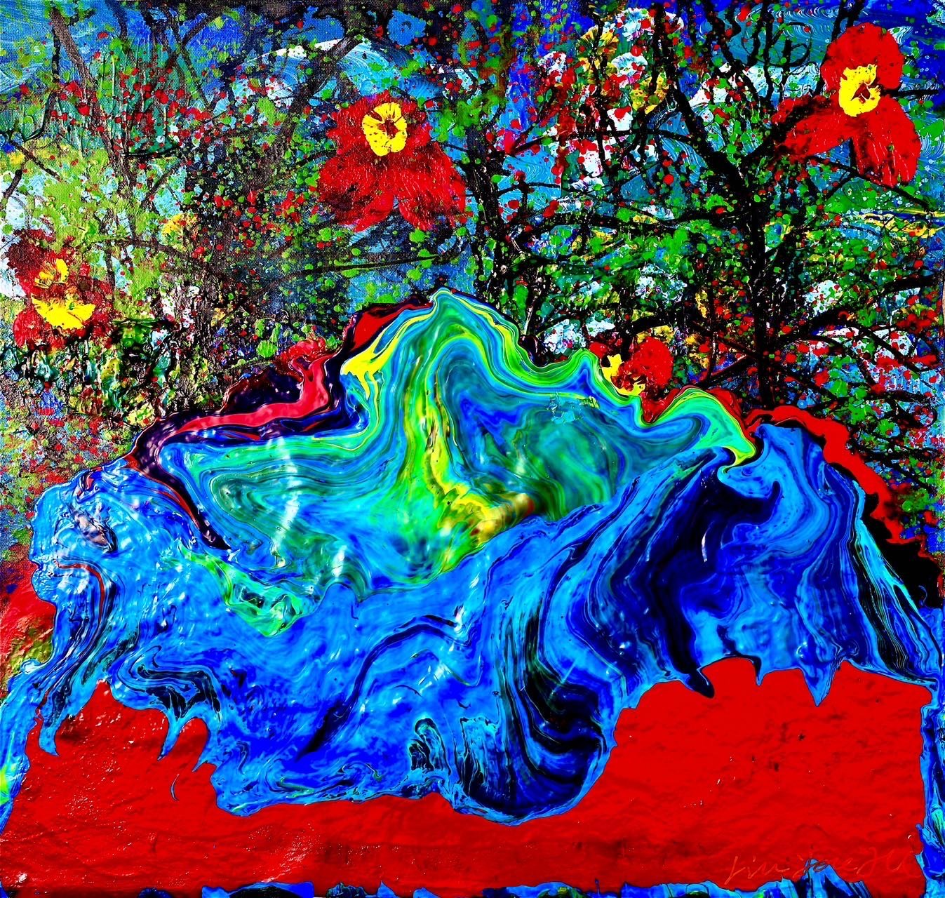 Colorful abstract painting of a waterfall with surrounding foliage and flowers.