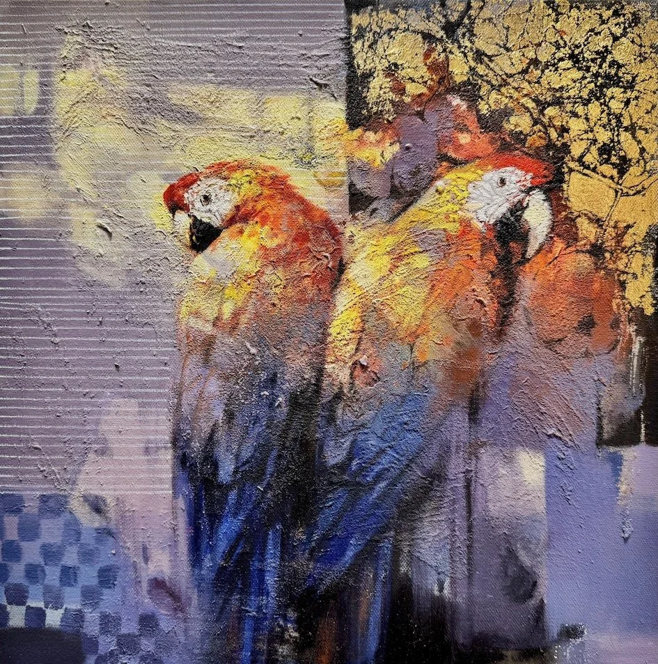 Painting of two parrots with vibrant orange, yellow, and blue feathers against a textured background with abstract patterns and a tree branch.