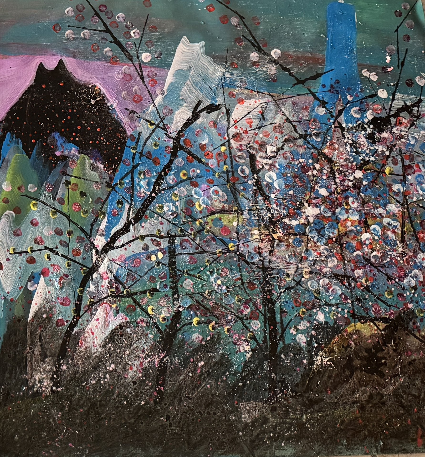 Abstract painting depicting mountain landscape with a dark mountain on the left, a white mountain in the center, and a blue waterfall on the right. Cherry blossom branches with pink and white flowers frame the scene, set against a colorful background with splashes of bright paint.