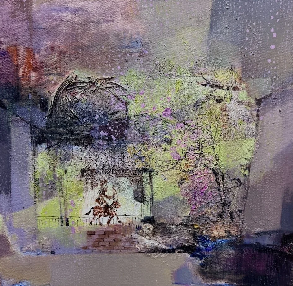 Abstract painting featuring a large birdcage with a figure of a horse and rider inside, surrounded by pastel and dark colors, with textured brushstrokes and splashes of purple and green.