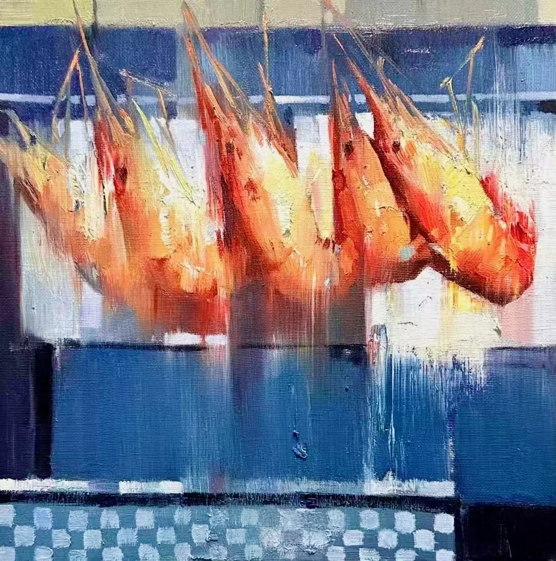 A painting of several fish hanging on a rack, rendered with bright, warm colors and expressive brushstrokes.