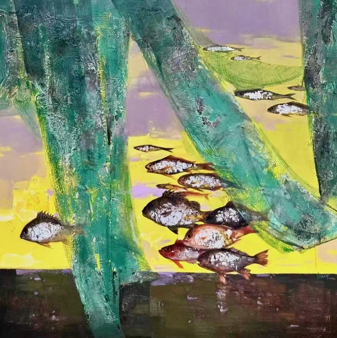 A colorful abstract painting of a fish underwater scene, with multiple fish swimming near large green aquatic plants against a yellow and purple background.
