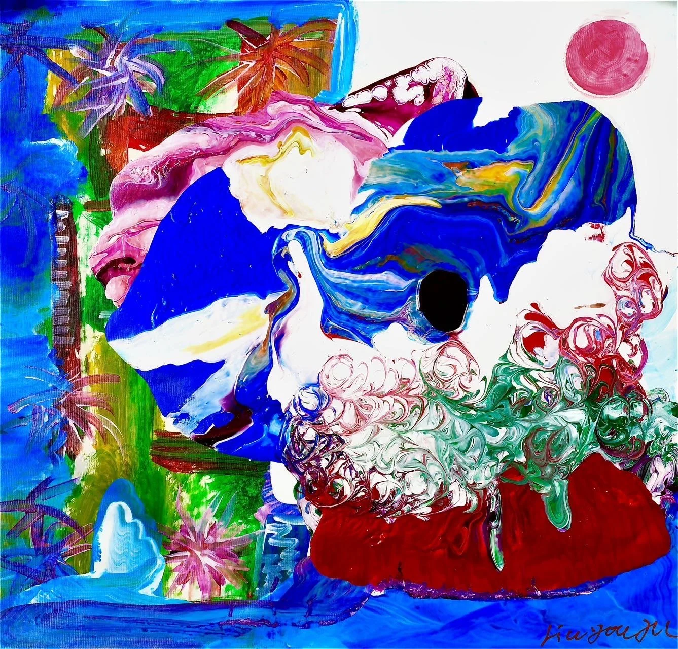 Abstract colorful painting with swirling patterns, includes hues of blue, pink, green, red, and yellow, and depicts a skull with a black eye socket surrounded by flowers and nature motifs.