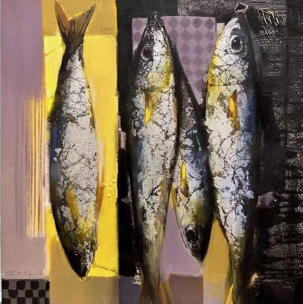 Painting of three fish lying on a multicolored surface, with a mix of abstract shapes and colors in the background.