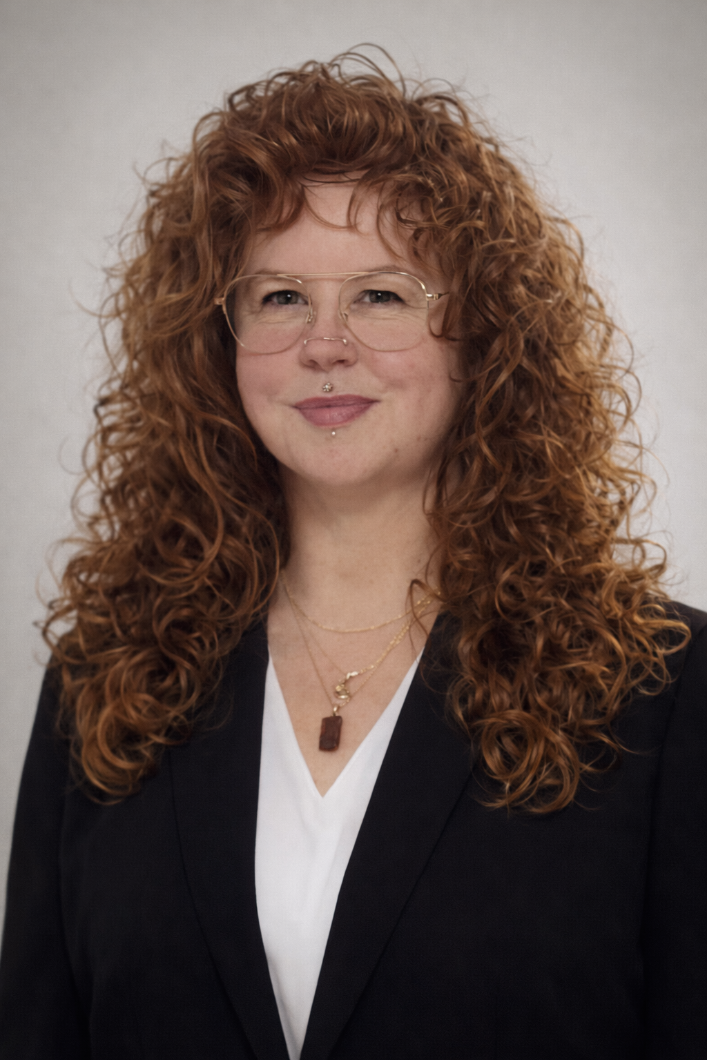 WOMAN WITH RED HAIR DRESSED professionally