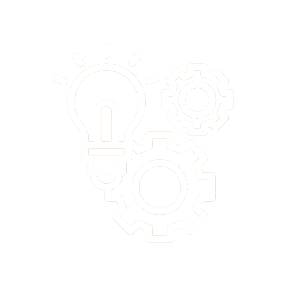 An icon of a light bulb with two gears, representing ideas and innovation.