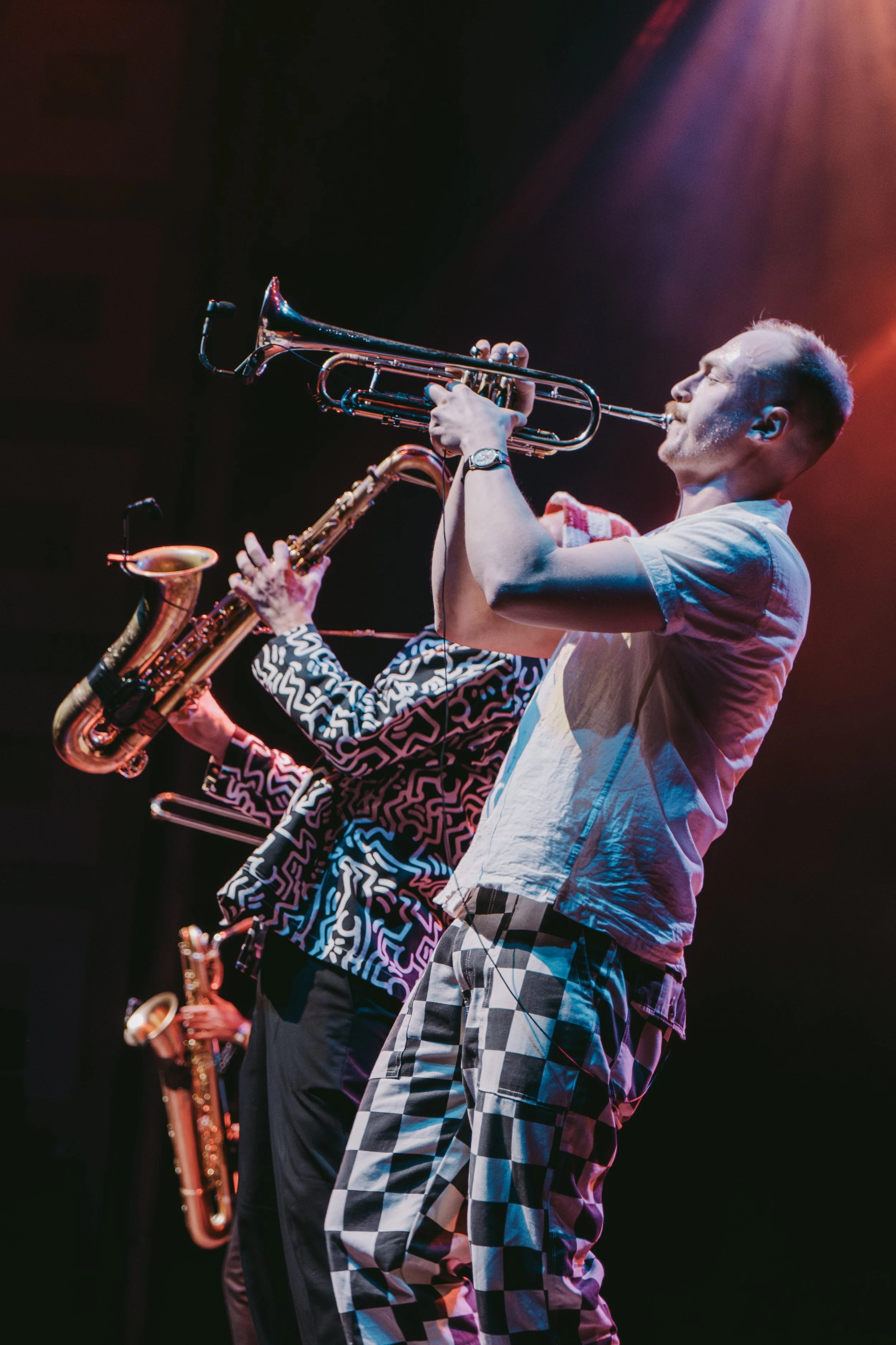 A side shot of the horns playing at Massey Hall. You can dell how hard their playing with their bells in the air.
