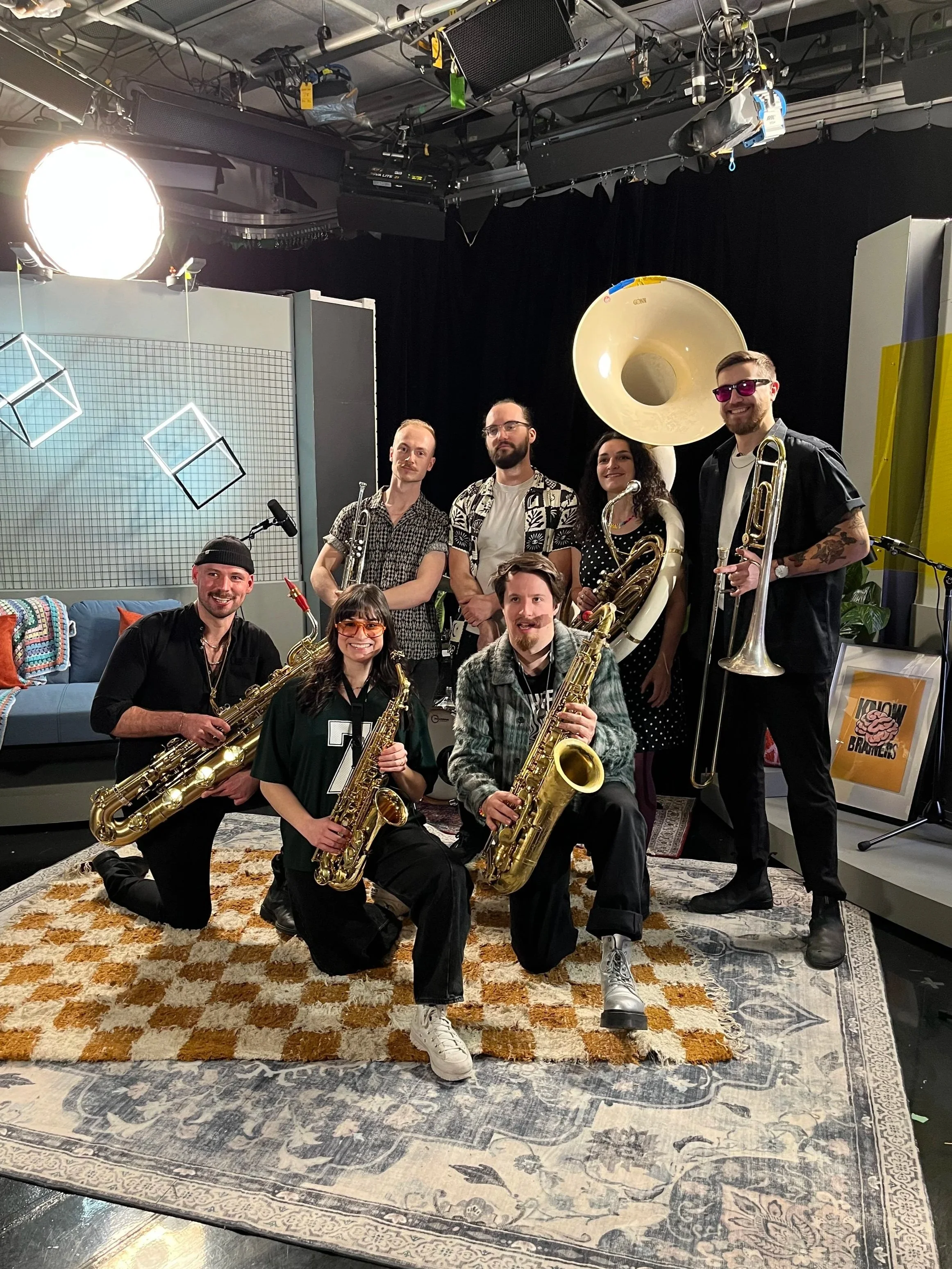 Big Smoke Brass on set with a TVO show to share knowlage with the next generation of kids.