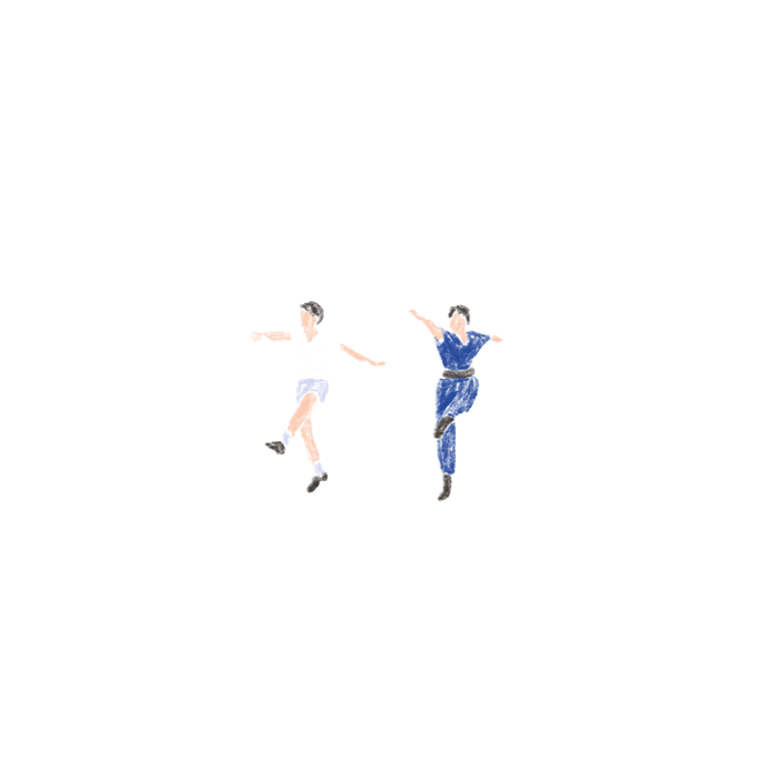 Two people practicing martial arts or dance moves, one in a white shirt and shorts, the other in a blue uniform, jumping or performing kicks.