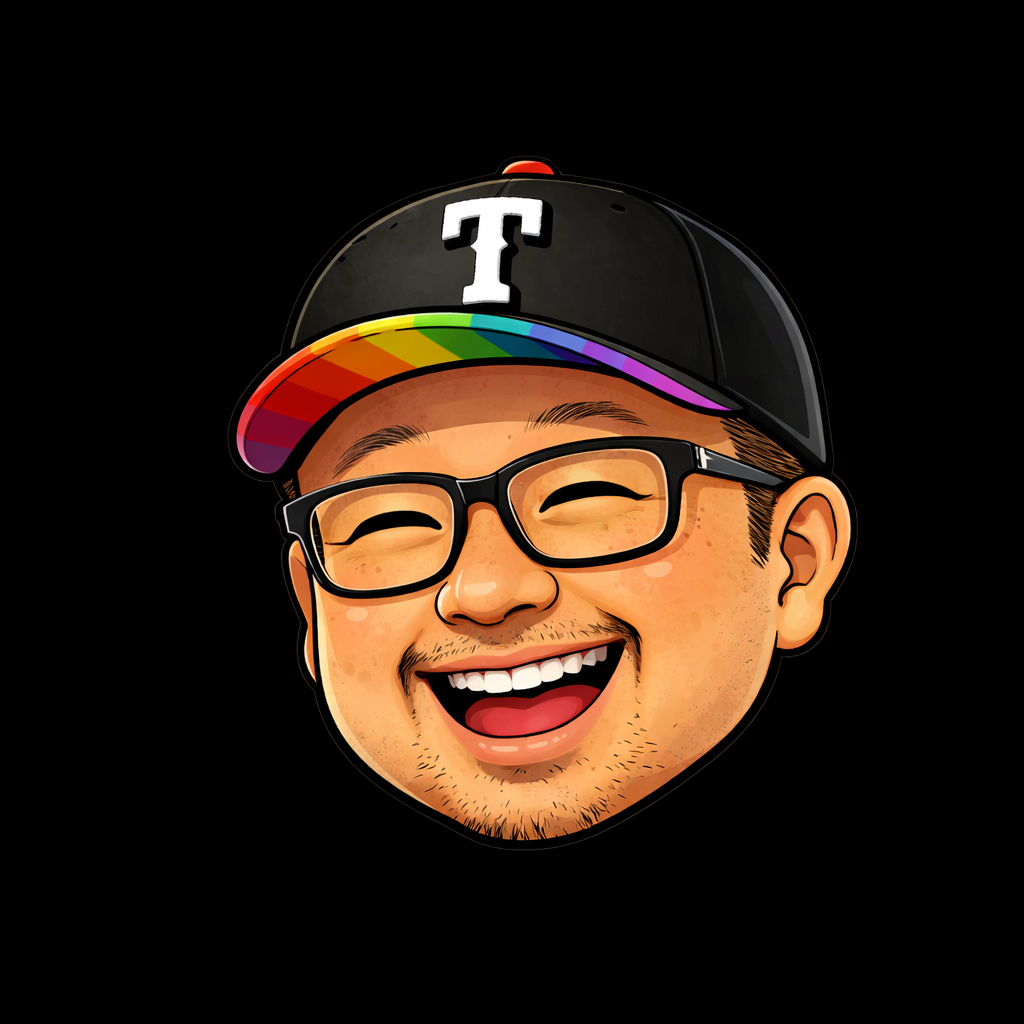 Cartoon of a smiling man wearing black glasses, a black hat with a white letter T, and a rainbow-colored brim.