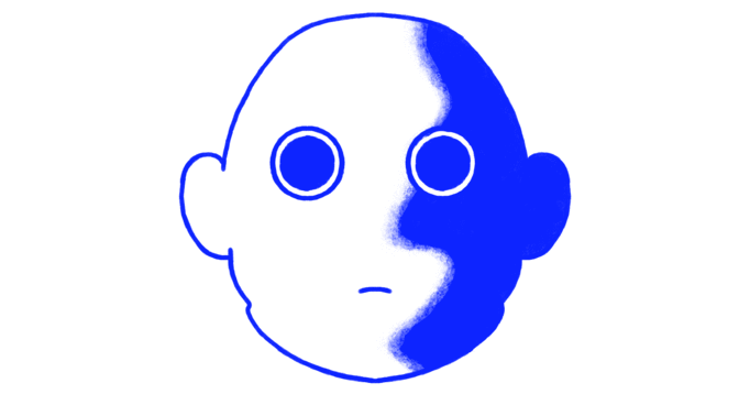 A line drawing of a child's face with a blue paint streak covering the right side.