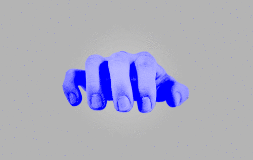 A blue-tinted human hand reaching forward against a gray background.