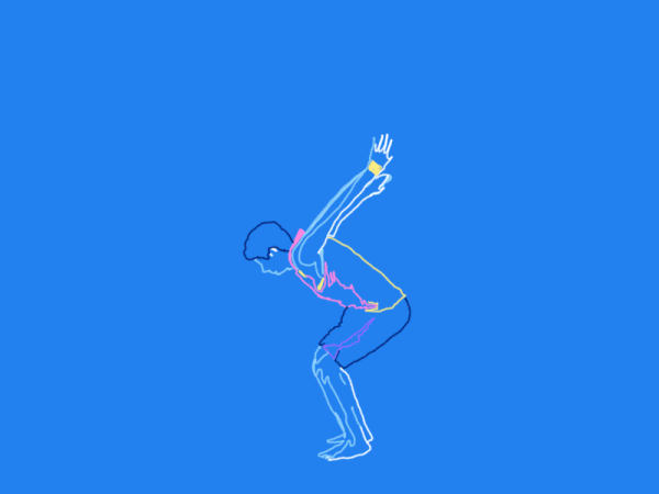 Digital illustration of a person doing a squat exercise, with outlined body parts and vibrant colors on a blue background.