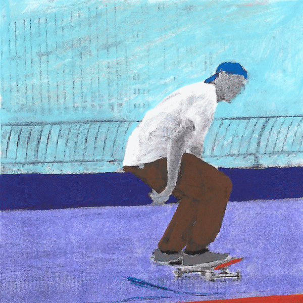 A person wearing a white shirt, brown pants, and a blue cap skateboarding outdoors on a purple surface with a blue sky background.