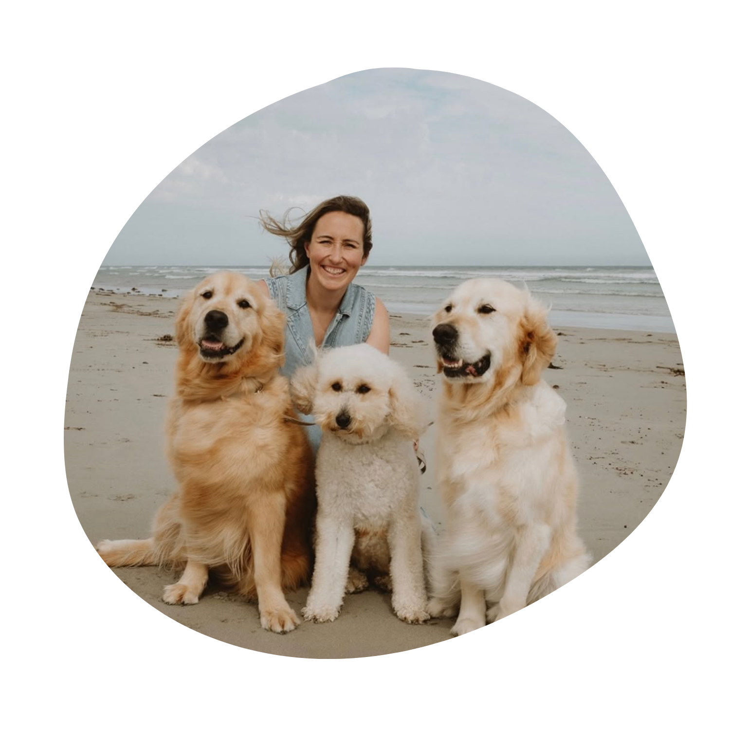 Alanah, founder of tigerlily groodles with three dogs on a beach, including two golden retrievers and a groodle