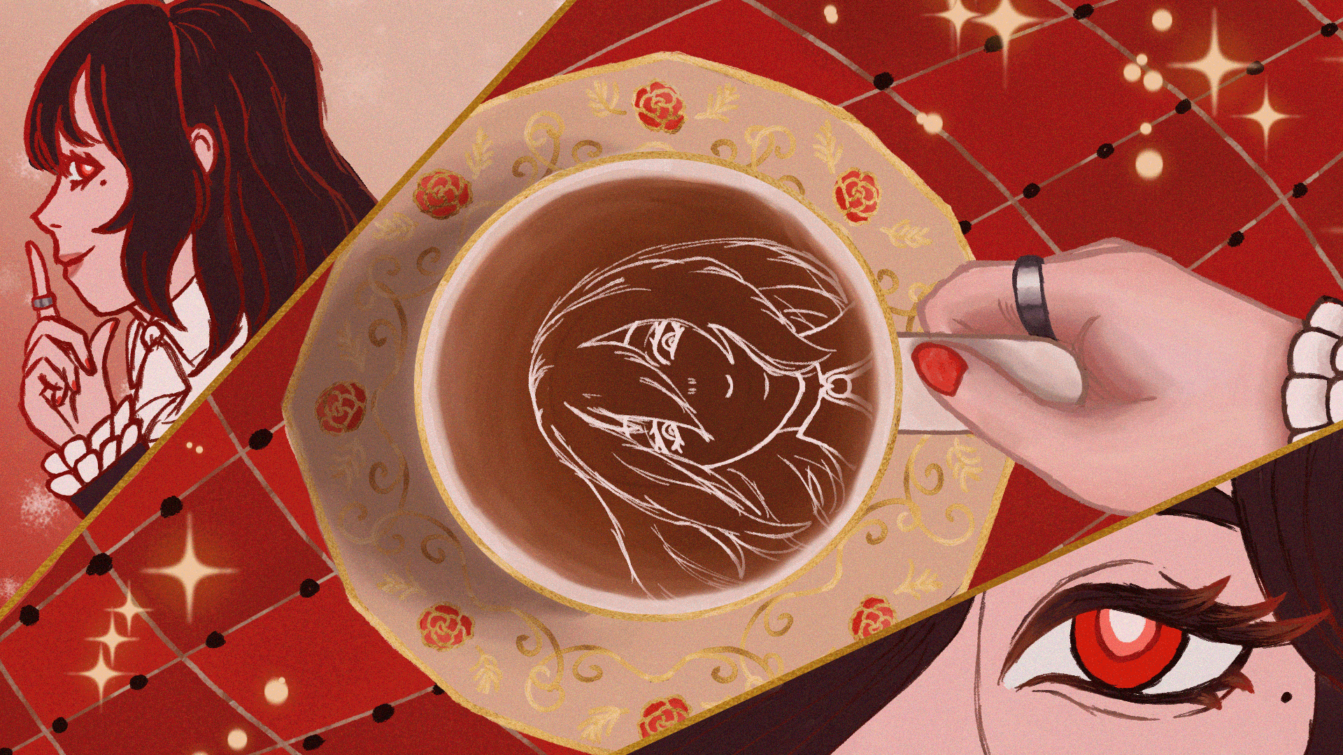 An illustrated top-down view of a tea cup with an anime-style drawing of a girl’s face in the tea, surrounded by a decorative border on a red and gold tablecloth. To the left, a woman with dark hair and a ring on her finger is making a shh gesture. To the bottom right, part of an anime-style girl’s face with red eyes and black hair is visible.