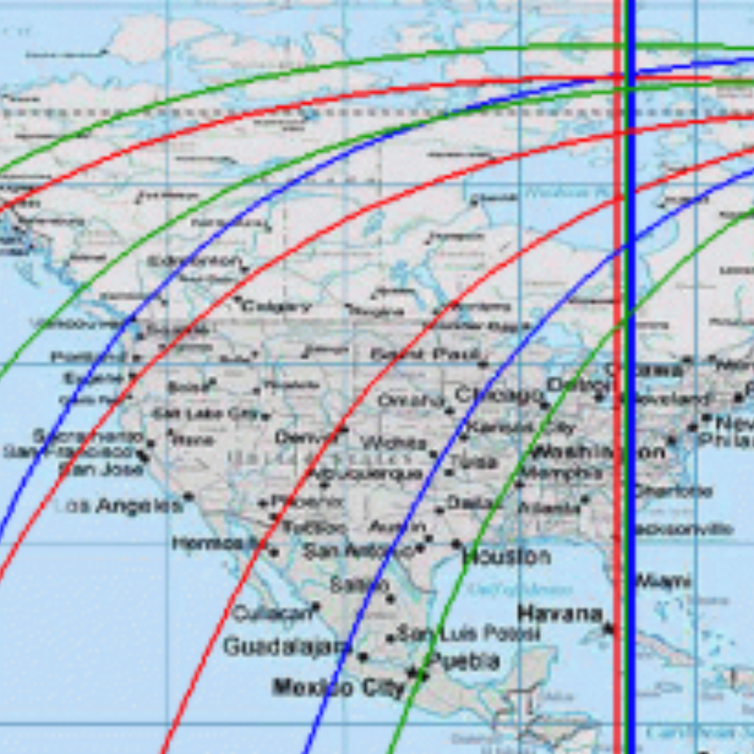 Map of the United States showing intersecting colored lines, likely representing satellite or communication paths.