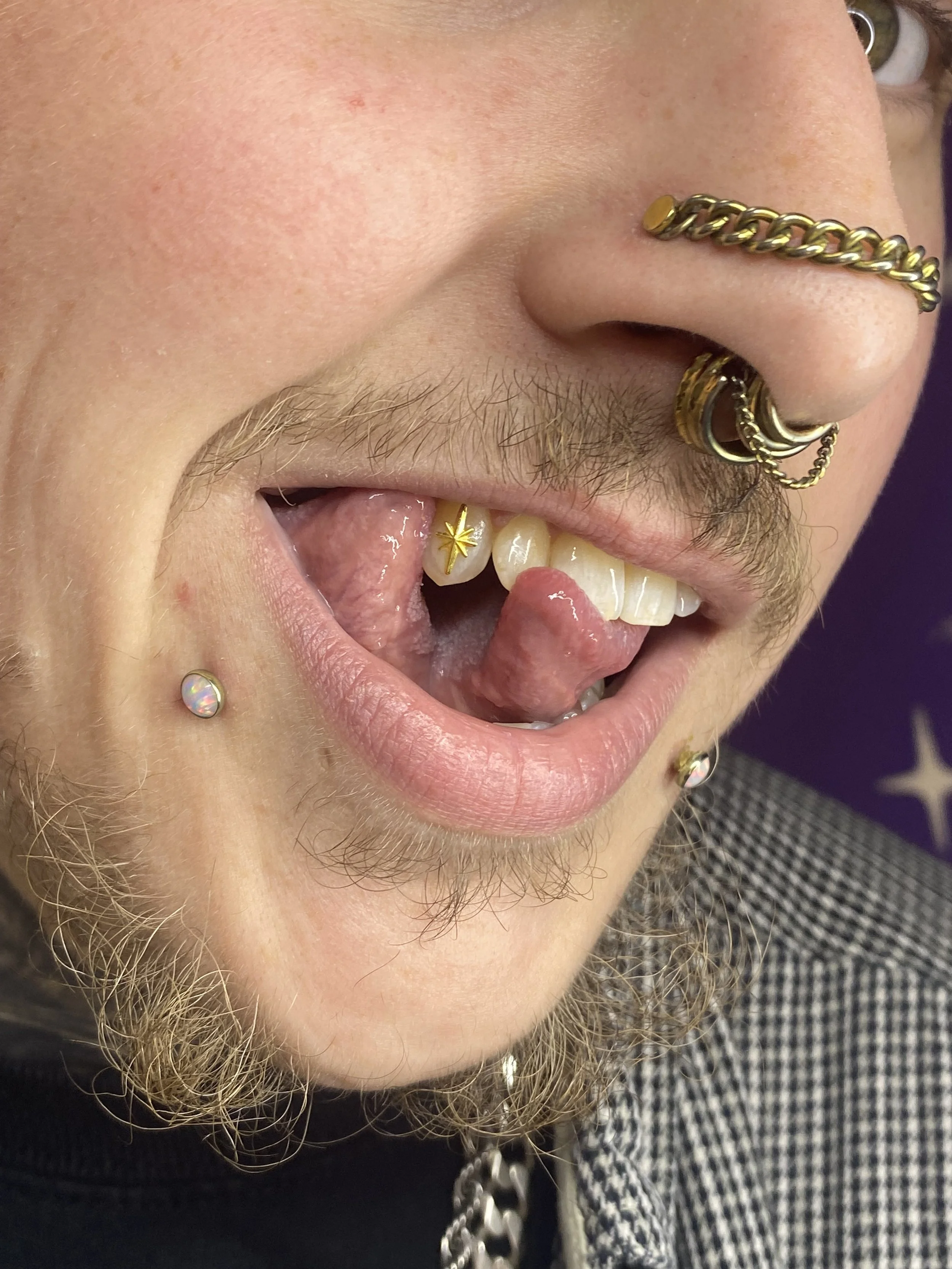 Close-up of a person's face showing their mouth open, tongue out, multiple facial piercings, and facial hair. The person has a septum ring, nostril piercings, two cheek piercings, and a tongue piercing, all adorned with gold and decorative jewelry.