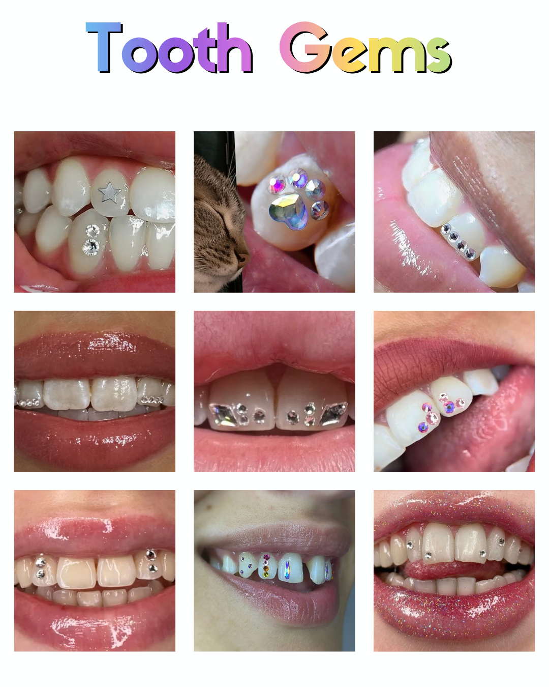 Collection of children's teeth decorated with colorful gemstones and stickers, showcasing dental accessories and adornments.
