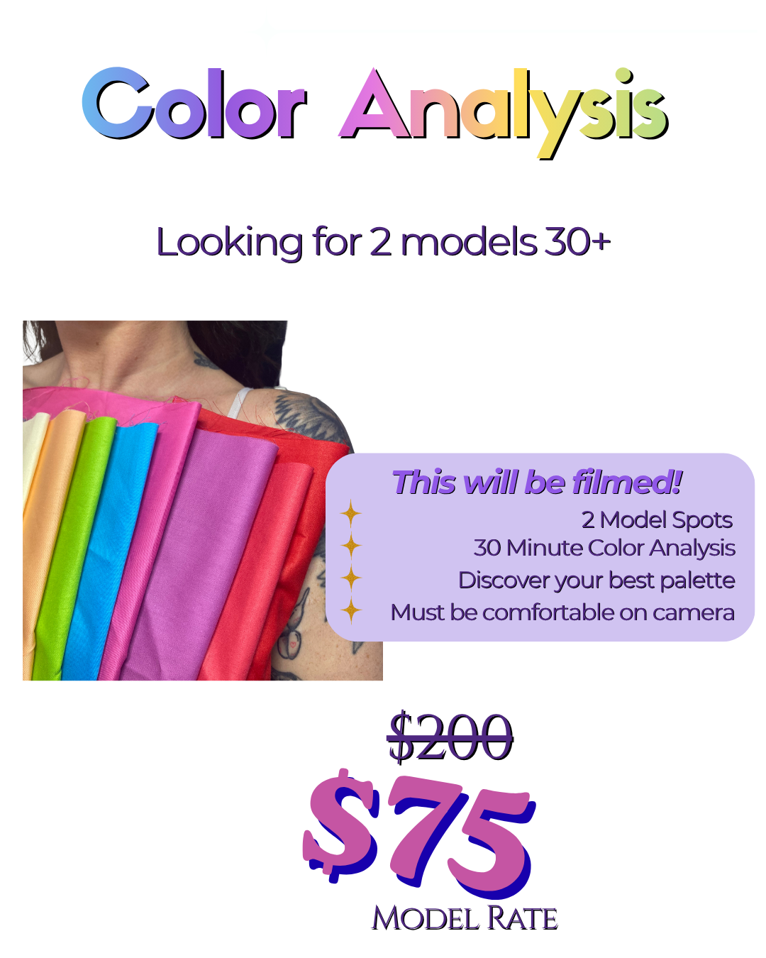 An advertisement for a color analysis session showing a woman holding fabric swatches in various colors.