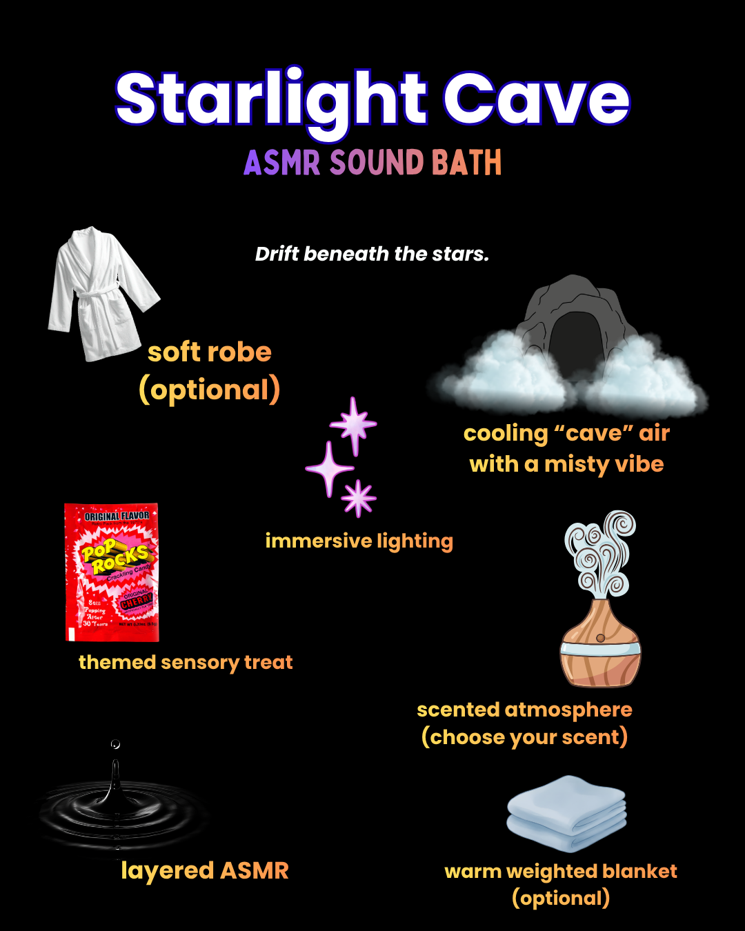 A guide to creating an ASMR sound bath experience called Starlight Cave, including items such as a soft robe, themed sensory treat, layered ASMR sounds, an optional warm weighted blanket, and a scented atmosphere with customizable scents, all designed to mimic a cave environment with misty, cooling cave air and immersive lighting.