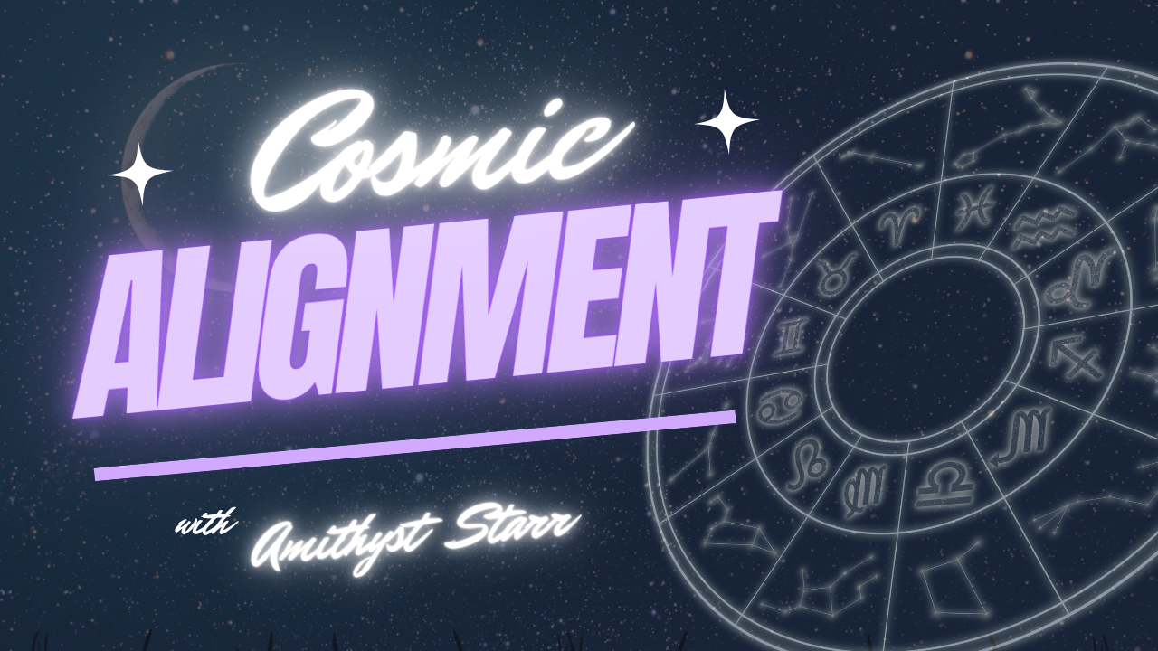 The image features a cosmic-themed background with stars, a crescent moon, and zodiac signs. Bold, glowing text reads "Cosmic Augmentation" with smaller text below saying "with Amiyst Starr."