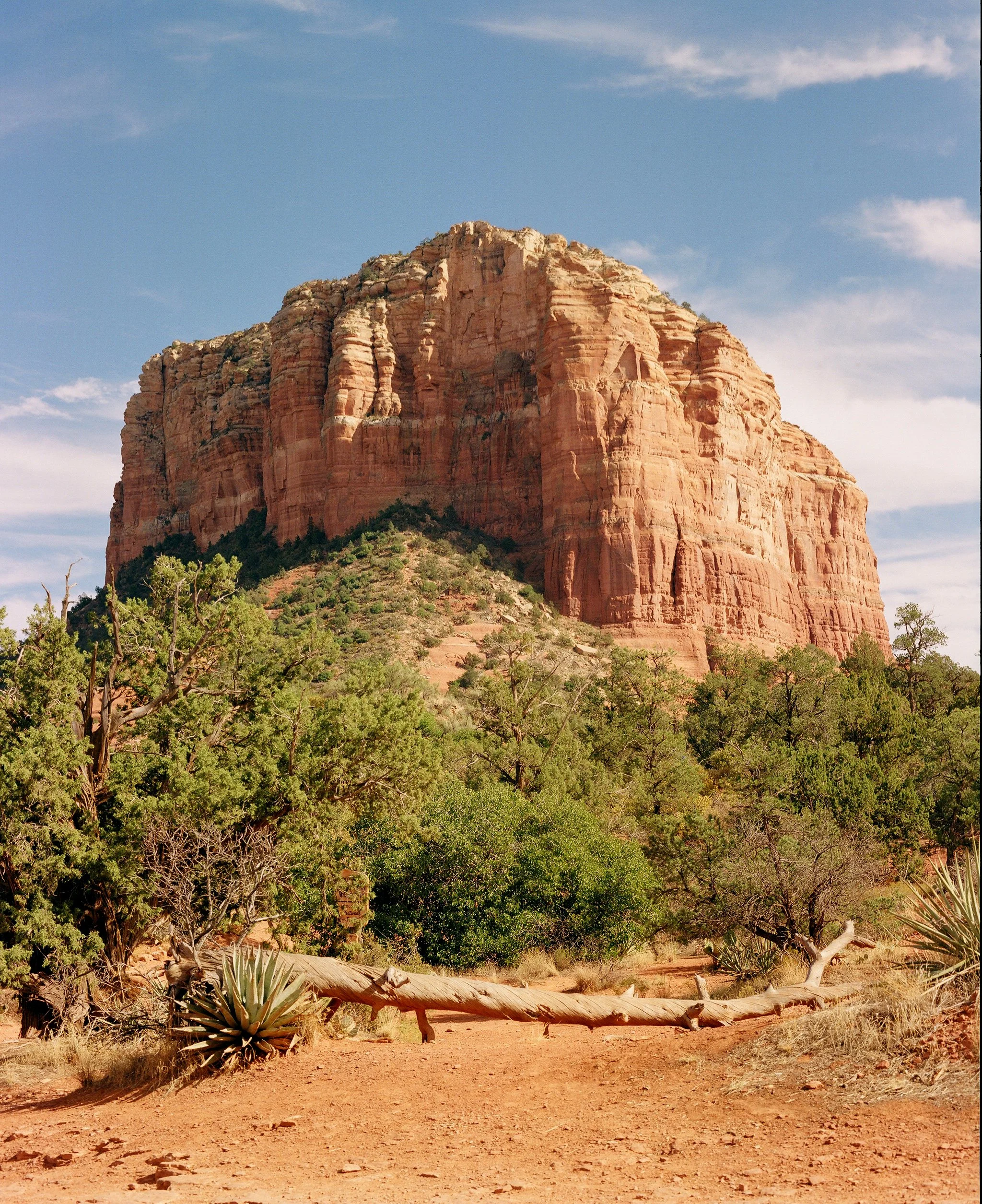 A large red rock formation in a desert landscape with green shrubs and trees in the foreground, under a blue sky with some scattered clouds.