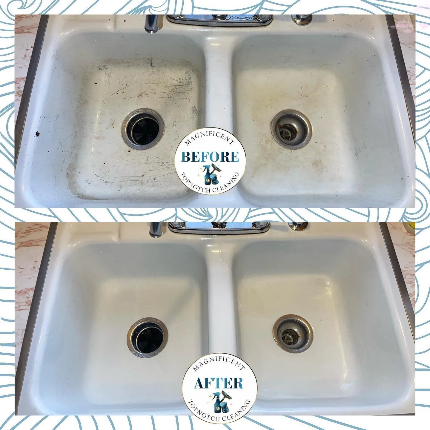 Before and after kitchen sink deep cleaning showing a clean, polished finish.