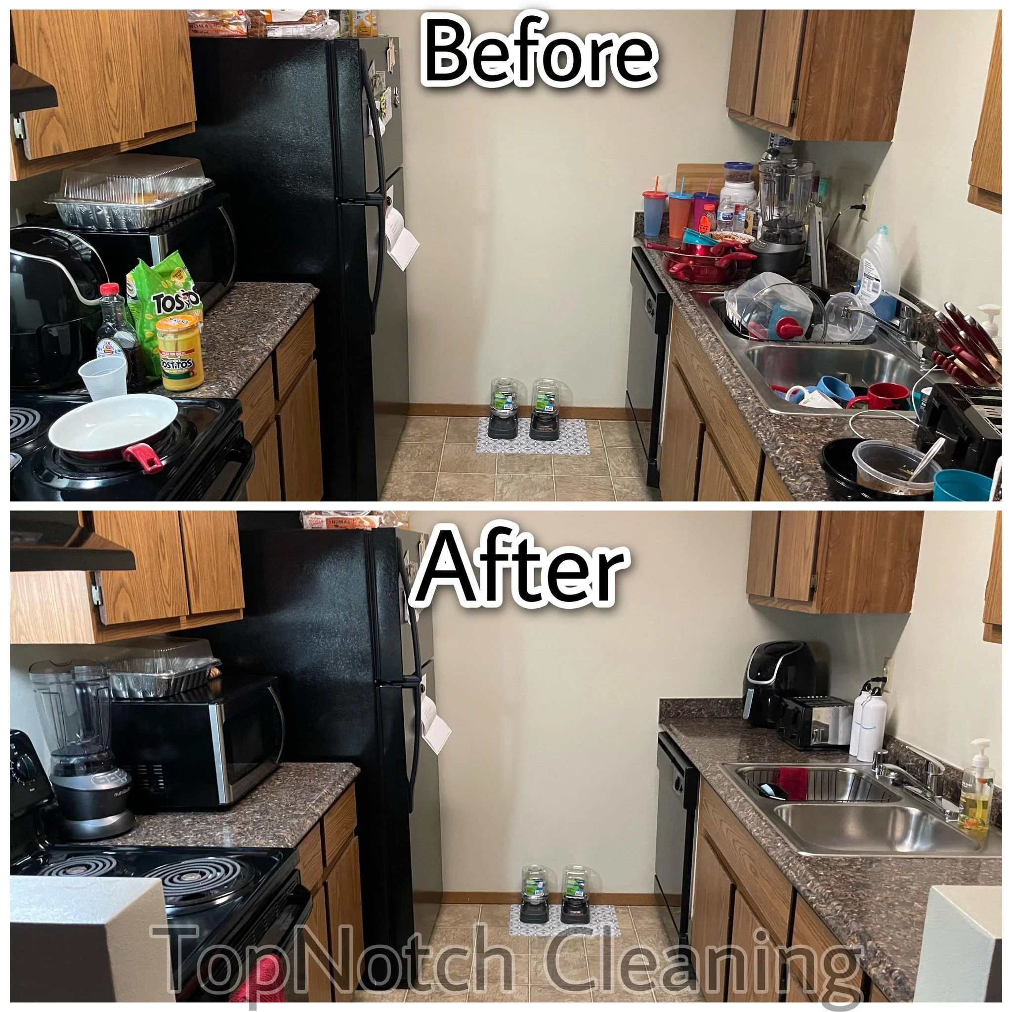 Before and after kitchen cleaning showing a cluttered countertop transformed into a clean, organized space.