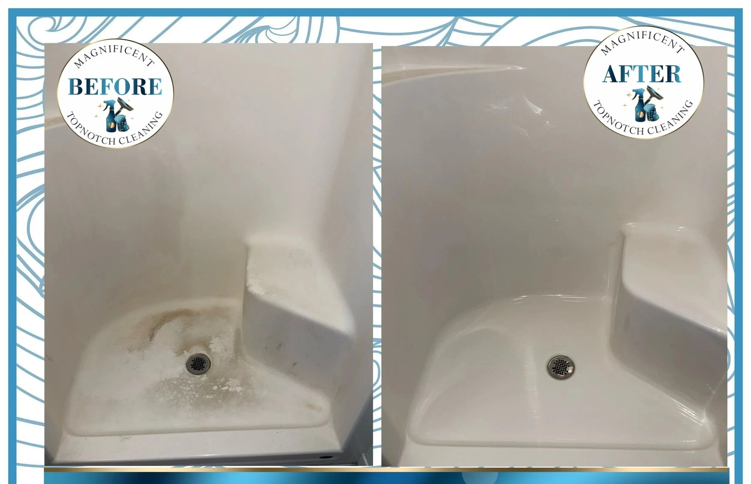 Before and after shower deep cleaning showing cleaned tile and shower surfaces.