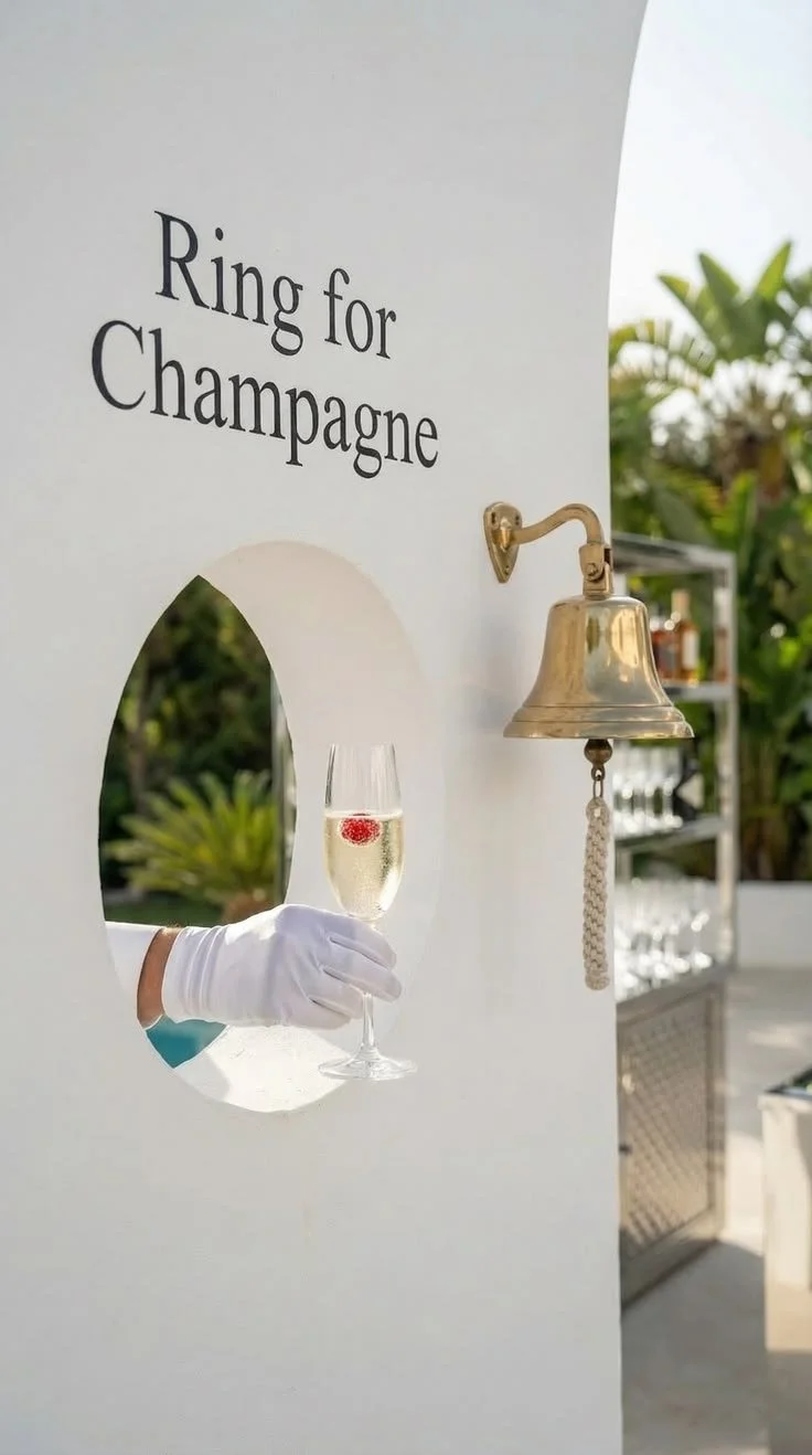 A champagne bell being rung with a hand in white glove holding a glass of champagne, seen through a round window on a white wall with the words "Ring for Champagne" written on it, with greenery in the background.