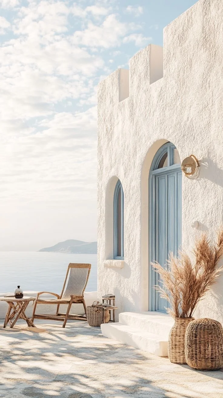 White Mediterranean-style building with blue window and door, outdoor seating with a wicker chair and table, decorative dried pampas grass, overlooking the ocean under a partly cloudy sky.