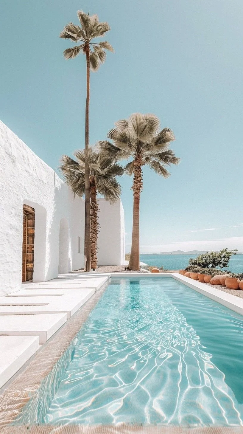 A luxurious outdoor swimming pool with turquoise water, white steps, adjacent white stucco building, tall palm trees, terracotta pots, and an ocean view in the background under a clear blue sky.