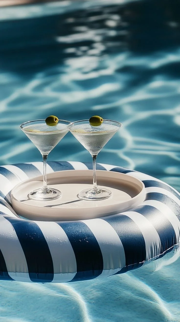 Two martini glasses with green olives on a tray floating on a striped inflatable in a swimming pool.
