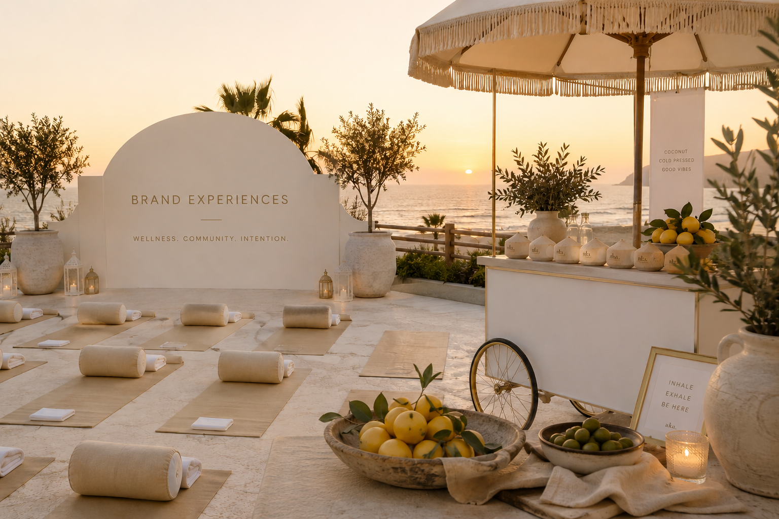 Beachside yoga setup with mats, rolled towels, lanterns, potted plants, and a sunset view, with a white sign reading 'Brand Experiences' and phrases 'Wellness, Community, Intention.'