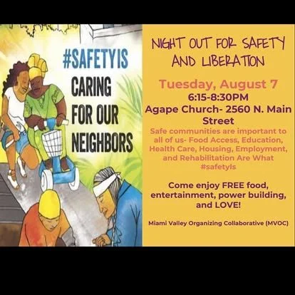 Flyer for a community event titled '#SafetyIs Caring for Our Neighbors' with illustrations of people walking, including children and adults wearing helmets. The event is scheduled for Tuesday, August 7, from 6:15 to 8:30 PM at Agape Church, 2560 N. M
