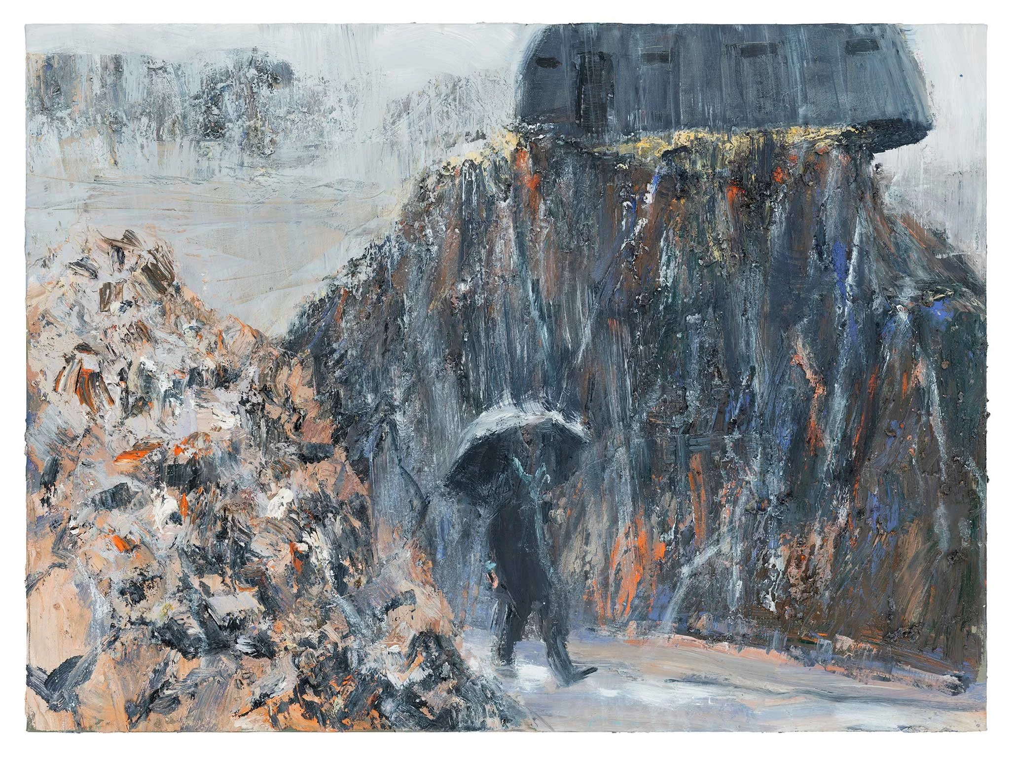 MH with Umbrella And Bunker Corinth, 2026, acrylic on paper, 56x76cm