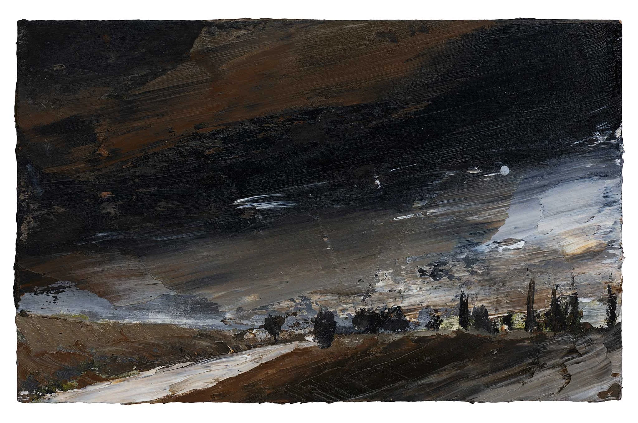 Conifers to Vevi, 2025, oil on board, 15x23cm 