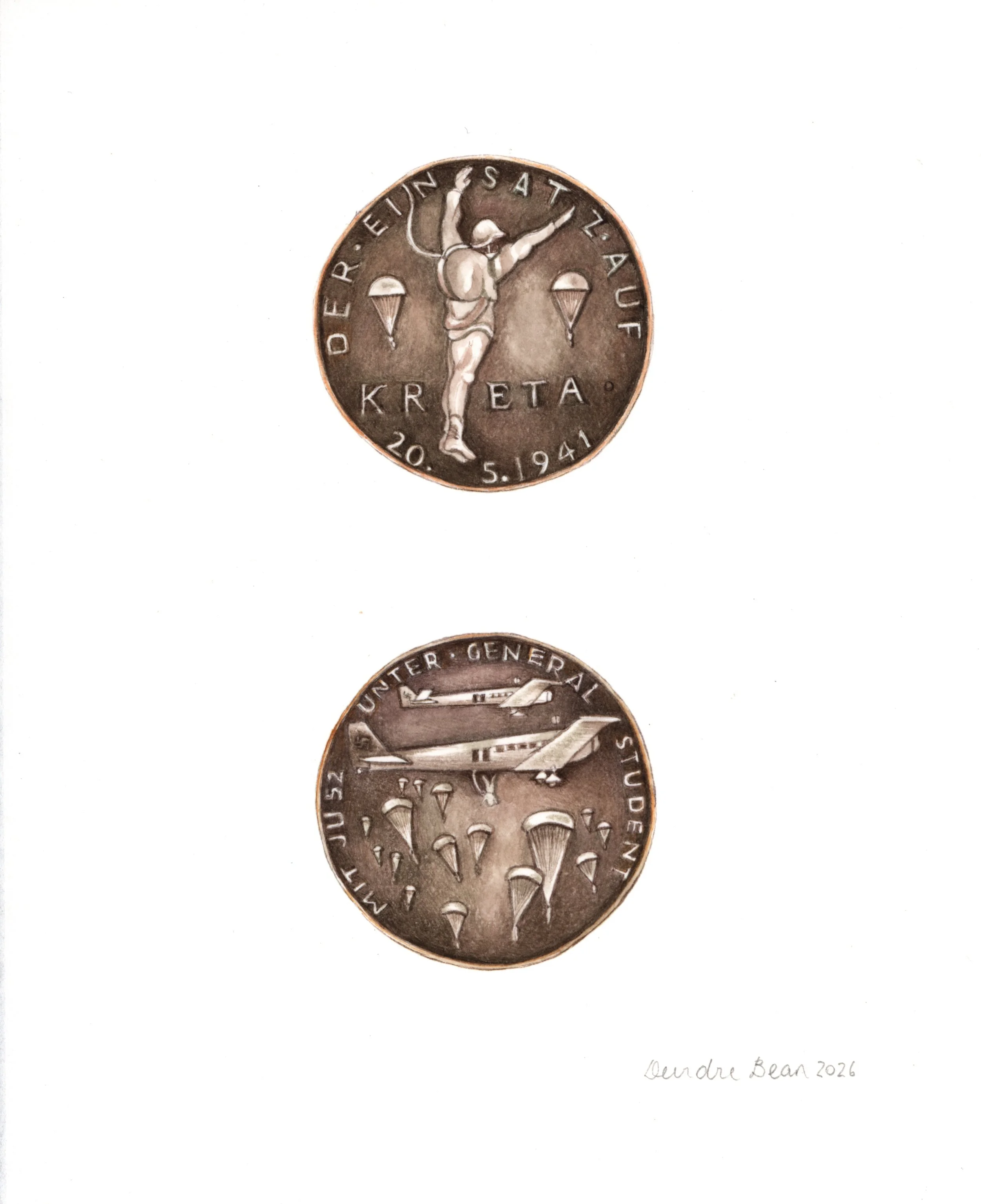German Commemorative medallion for Crete campaign WW2, 2026, Watercolour on paper, 18x14cm