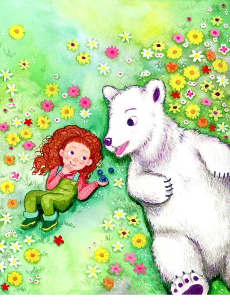 A girl with a handful of blueberries and a polar bear lie down in a meadow of flowers.