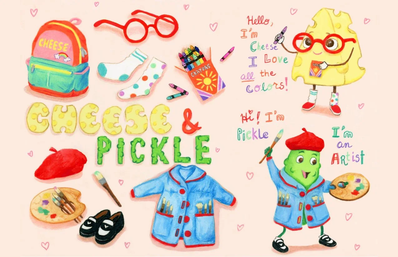 Character development. Cheese with her backpack, socks, crayons, & glasses.  Pickle with his art smock, palette, beret, brushes, and snazzy loafers.